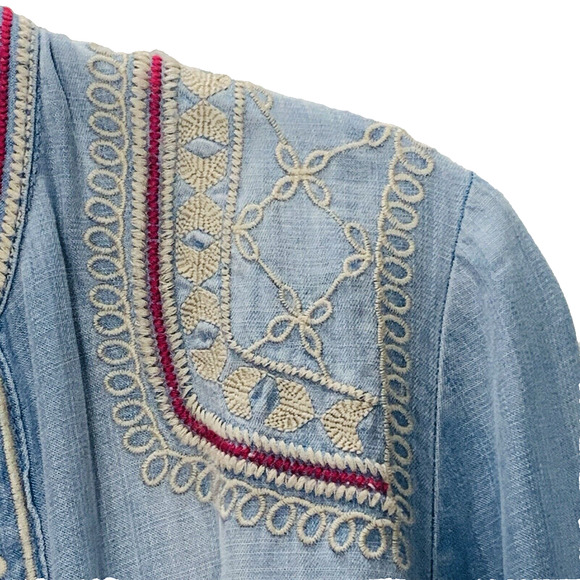 CHICO'S Chambray Jacket Sz 0 (US Small/4) Embroidered Beaded Coin Open Front EUC - Picture 6 of 12